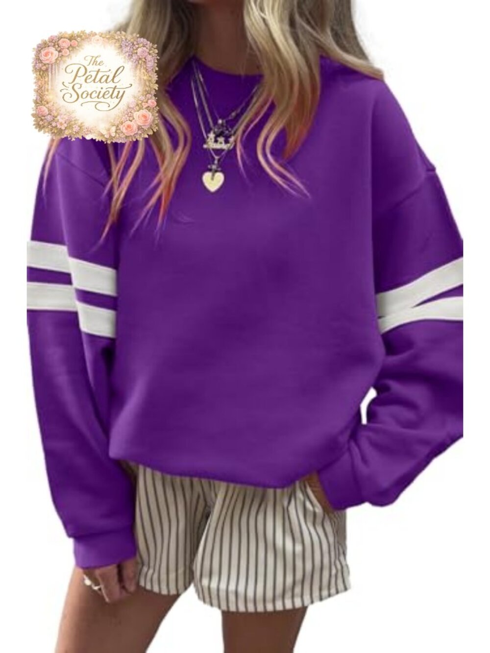 Striped Drop Shoulder Crewneck Sweatshirt Polyester Cotton Oversized Pullover